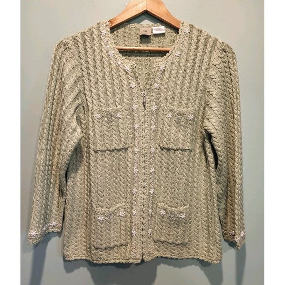 Itsu Lt Green Beaded Silk Blend Cableknit Zip Up Cardigan Sweater Sz L Pockets - Picture 1 of 7